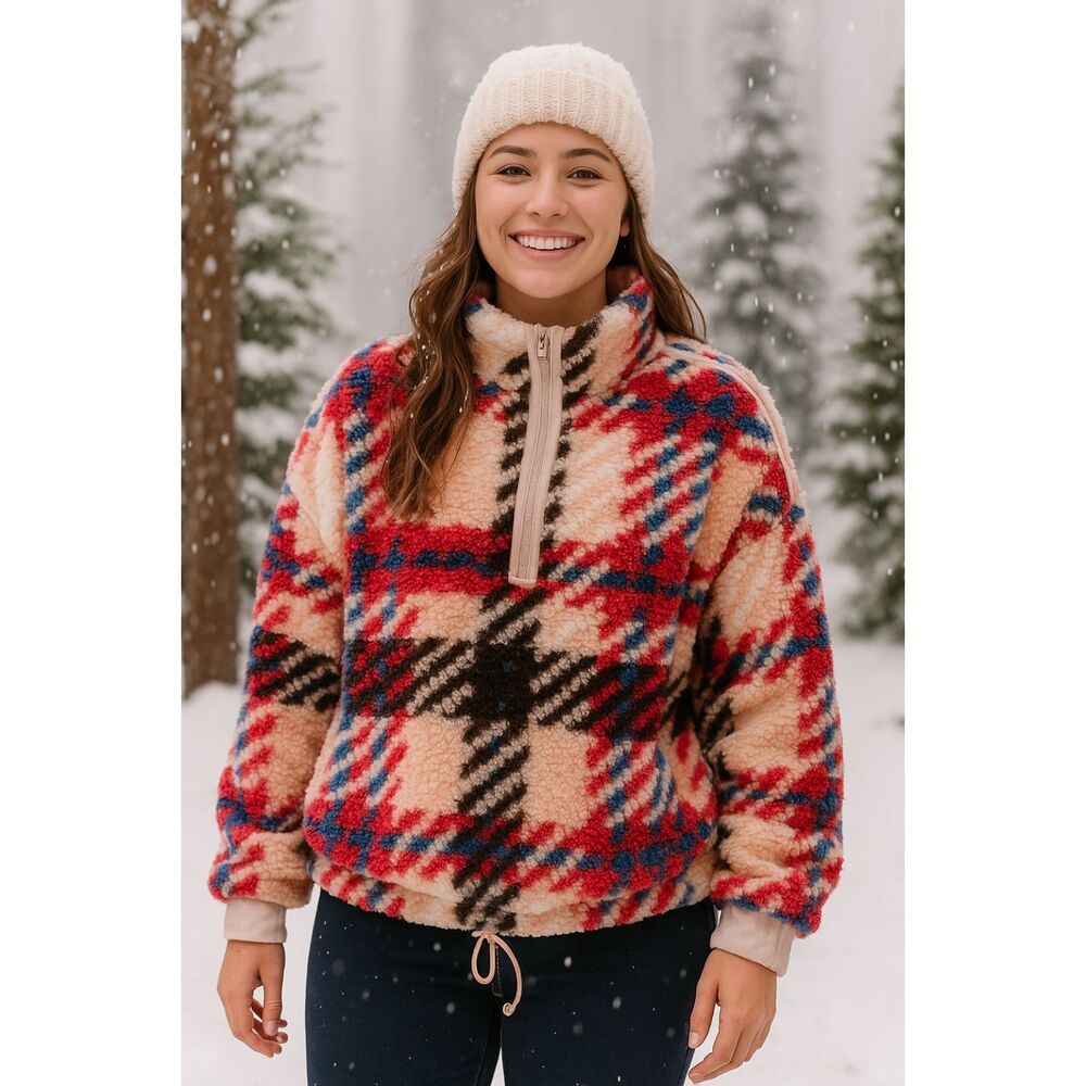 SO Cozy Plaid Sherpa Fleece Pullover Size L – Warm Winter Half Zip Jacket #V